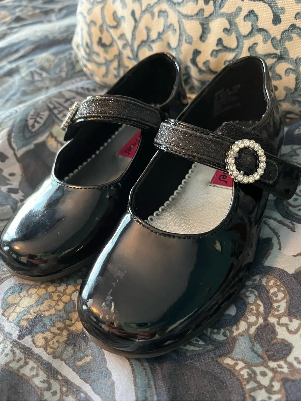 Rachel Shoes Black Patent Mary Jane with Rhinestone Circle Buckle